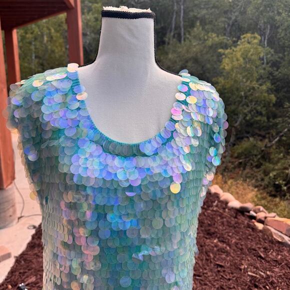 Vintage Norma Kamali dress sequined sequin teal Turquoise mermaid sz L paillete - Picture 9 of 17